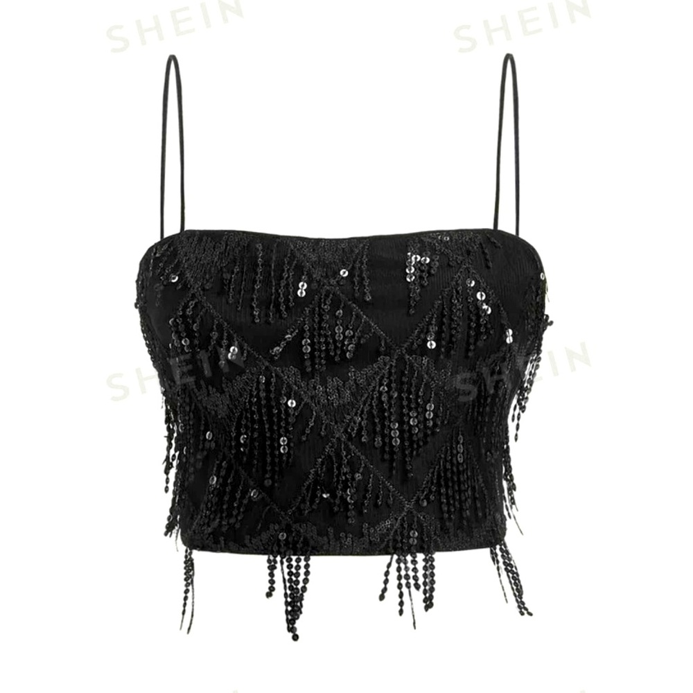 SHEIN Fringe Trim Sequin Cami Top. Large. Sequin Black.